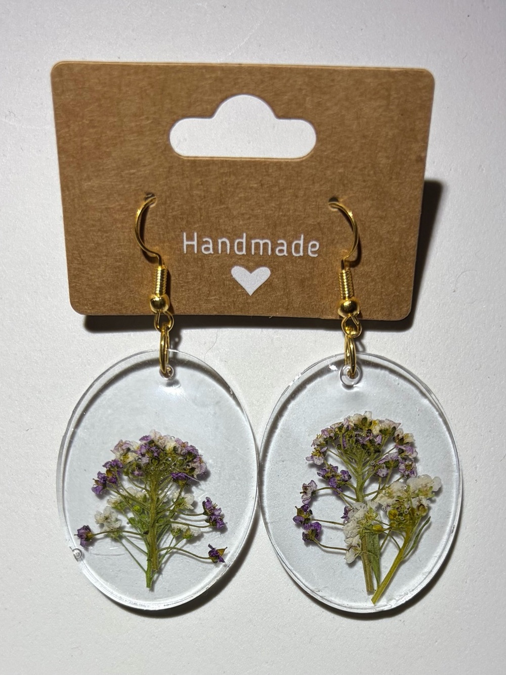 Handmade Clear Resin Earrings with Pressed Purple & White Flowers